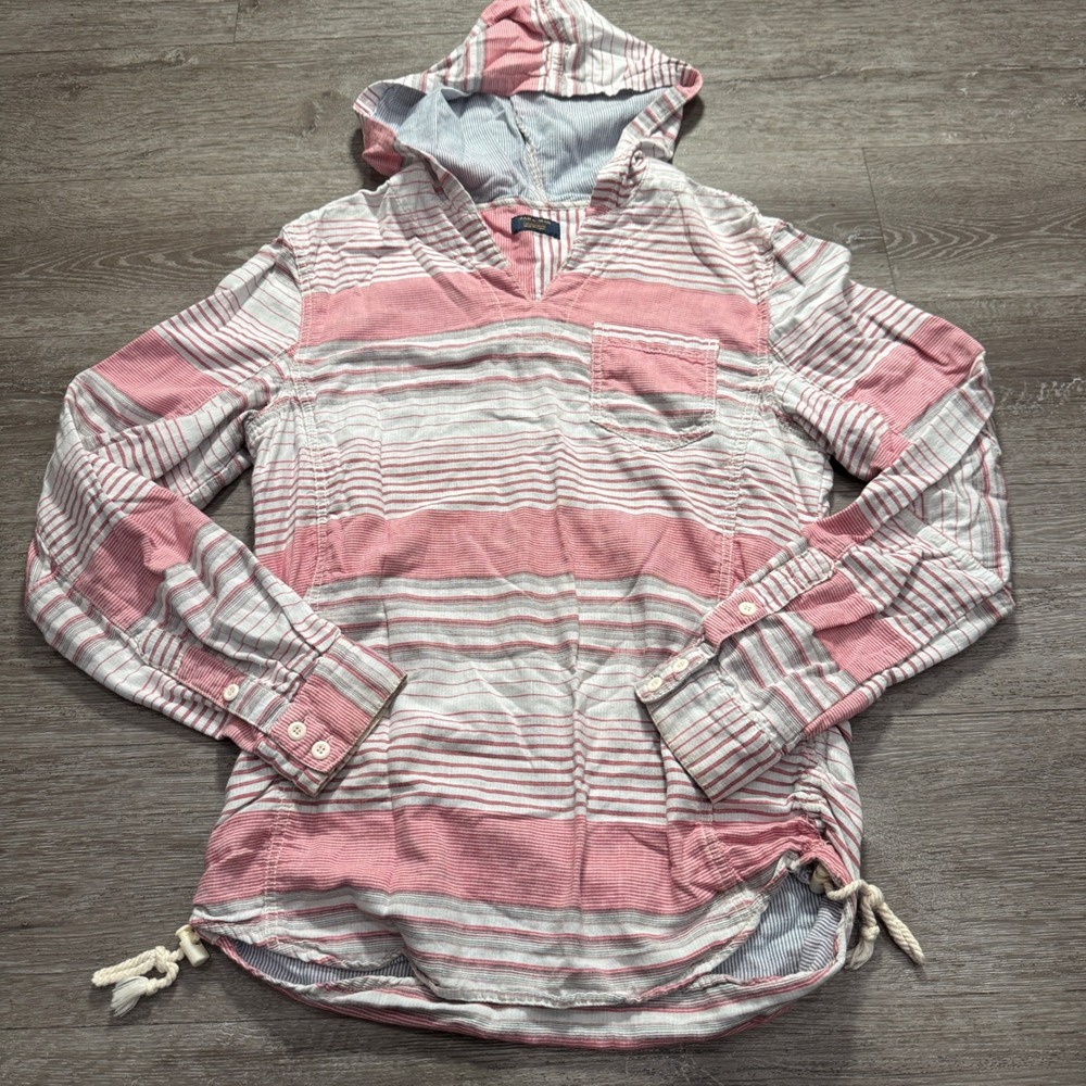 Zara Man Hoodie Shirt Mens L Pink White Striped Cotton Nautical Coastal Pullover